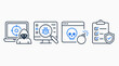 © Rafi Hasan - Penetration testing line icon set with ethical hacker, vulnerability scan, malware bug, exploit warning, skull threat, bomb attack, security audit checklist and shield in editable vector stroke