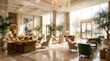© Rajanikant - Blurred luxury hotel lobby lounge interior design elegant furniture hospitality architecture high ceiling natural light background