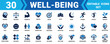 © Sumon Sorkar - Set of 30 well being and healthy lifestyle icons for personal growth mental health and daily balance Minimal solid icon set bundle collection. Editable Vector Illustration Mega pack