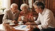 © Mohitosh - Two elderly seniors and a middle-aged financial advisor review a pension plan document over coffee at a wooden table, perfect for retirement planning and financial services advertising.