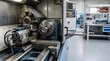 © AlignedArt - modern cnc turning center inside organized machining workshop with copy space on right side for manufacturing concept