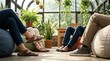 © Andi - Friends relaxing in a sunroom with plants, casual lifestyle, comfortable seating