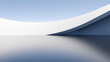© ilham - Abstract 3D render of white curved architectural wall on reflective floor with blue sky background. Minimalist futuristic outdoor space