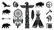 © Tharumina - Native American spirituality vector silhouette icon sheet with flat black dreamcatcher totem pole eagle feather teepee shapes white background