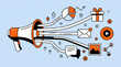 © Nixel Arts - Flat vector illustration of a large megaphone spreading digital marketing media icons through extending hands for transparent background PNG social media strategy banner.