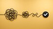 © Elite Studio - Tangled wire becoming straight line with checkmark on yellow background. Concept of business problem solving and workflow optimization.