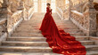 © Daniyal - Stunning model wearing a dramatic red ballgown with enormous flowing train positioned on sweeping grand marble stairs bathed in sunlight inside a gorgeous classical baroque palace setting.