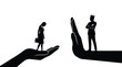 © Umair Ch - Vector illustration of a sad businesswoman and a powerful man with crown on large hands