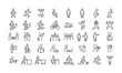 © Sojib - Stickman line icons set. Vector minimalist people figures in various poses and actions like walking, running, working, eating, exercising, and interacting
