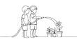 © OlgaNeuroArt - Children watering plants with garden hose. Continuous line drawing vector. Minimalist boys gardening graphic on white background