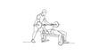 © Three - Continuous line drawing of personal trainer helping athlete with bench press.
