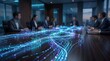 © CuteBee - Business team in modern boardroom engaging with glowing digital data streams on table surface representing advanced technology and collaborative data-driven corporate strategy execution