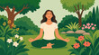 © Tanvir - Clean flat vector illustration on a light background showing a woman meditating cross-legged in a green garden with flowers and trees, ideal for wellness, yoga, and mindfulness promotions.