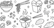 © AKTAR - Asian noodle doodle vector set with chinese takeout boxes chopsticks mushrooms ramen bowl and chicken breast