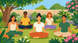 © Abdullah - A group of people sit cross-legged meditating together in a peaceful sunlit garden surrounded by lush greenery, ideal for wellness retreat promotions and mindfulness app content in a clean flat vector