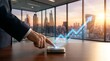 © Stocker - Businessman hand pressing button to start upward trend graph showing financial growth and business success in modern office city view at sunset symbolizing investment and profit.