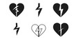 © Susi - Set of black and white heart and lightning bolt icons representing broken relationships and emotional energy