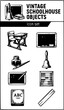 © your fav vectors  - Vintage Schoolhouse Object Icon Set with School Desk, Chalkboard and Schoolbell, 8 Icons for Educational Heritage Design, Stipple Engraving