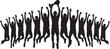 © DIDAR - Silhouette of a happy sports team celebrating victory with a trophy, jumping and raising hands in the air