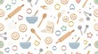 © Denisa - Seamless pattern of cartoon baking tools and smiling cookies on a white background