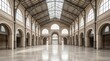 © Photopia - Italian covered market hall, Iron glass roof structure, Arched windows and stone floor, Empty commercial architecture, Symmetrical interior background