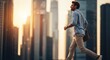 © SashaMagic - Man in casual summer attire walks purposefully through a sun-drenched modern city, conveying ambition and urban dynamism.