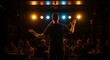 © SashaMagic - Comedian speaking to a receptive audience in a dimly lit comedy club with warm stage lighting