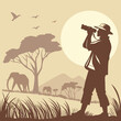 © Hazrot - Safari tour guide with binoculars looking at wildlife in savanna