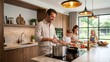© Matos - Joyful Family Cooks Healthy Meal Together in a Modern Kitchen with Natural Light from the Garden