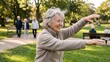 © Matos - Joyful senior woman smiles brightly during a park exercise session embracing active and healthy aging wellness