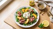 © Budi - Fresh peach and prosciutto salad plate.