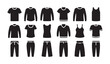 © MDIKRAM - Assorted black vector clothing icons for men and women shirts pants and casual wear styles.