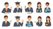 © SPECTRUM HIVE - Flat vector set of professional male and female characters in suits; includes training managers with headsets, graduates in mortarboards, and staff holding folders or pointing.