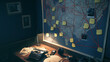 © Justin Eaton - Investigation board with photos, notes, and red string, detailed crime analysis. Mystery and detective concept.