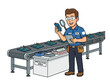 © vectorcorner - Quality control inspector checking electronic circuit boards with a magnifying glass on a factory conveyor line vector illustration