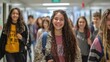 © Fahroni - Diverse group of teenagers walking through school hallway in casual modern outfits laughing and socializing perfect for back to school lifestyle education and youth community content