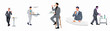 © ValentinaRestrepo - Vector set of elegant men in suits enjoying various fish dishes in different formal dining settings, from restaurant bars to elegant serving trolleys.