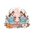 © satibi6 - Two friends relaxing in bathrobes drinking tea and chatting during a home spa day illustration.