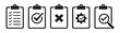 © Abu - Clipboard icons set with checklist check mark cross gear and magnifying glass symbol for business app.