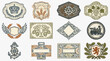 © sitio - Minimalist Vintage Emblem Collection Featuring Intricate Heraldic Shields Crowns Gears Wine Cups Trains Anchors and Lions in Earthy Tones