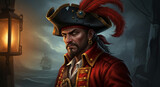 Close-up of a pirate captain with a feathered hat and earring, at sea with a ship in the background, symbolizing adventure and danger