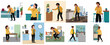 © futureart - Set of flat vector illustrations of businesswomen experiencing various health issues and medical emergencies in an office breakroom setting.
