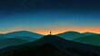 © fauzi - Lone Figure Silhouetted on Mountain Peak at Sunrise Over Rolling Hills.