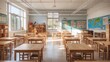 © Dwiyan - Bright Empty Classroom with Wooden Desks and Educational Maps in Modern School Setting
