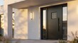 © Pixim Stock - Modern black front door with glass panels and a stylish metal grate detail security home entrance exterior view illuminated by warm sunlight architectural design.