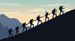 © Dina - Silhouette vector illustration of a group of hikers with backpacks ascending a steep mountain slope at sunrise, helping each other up the ridge against a scenic landscape background.
