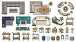 © Iram - Outdoor patio furniture top view vector set, modern garden lounge seating and bar cart collection, architectural floor plan symbols for landscape design
