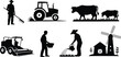 © Arif Creatives - Agriculture silhouette icons of farming life with tractor, cows, barn, windmill, farmer tools, watering plants, and harvesting combine machine