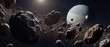 © Rendara Studio - Asteroid belt with distant gas giant and moon in deep space