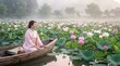 © 歌人 おてんと - 朝霧に包まれた蓮池で和服姿の女性が舟から蓮を眺める幻想的な夏の風景